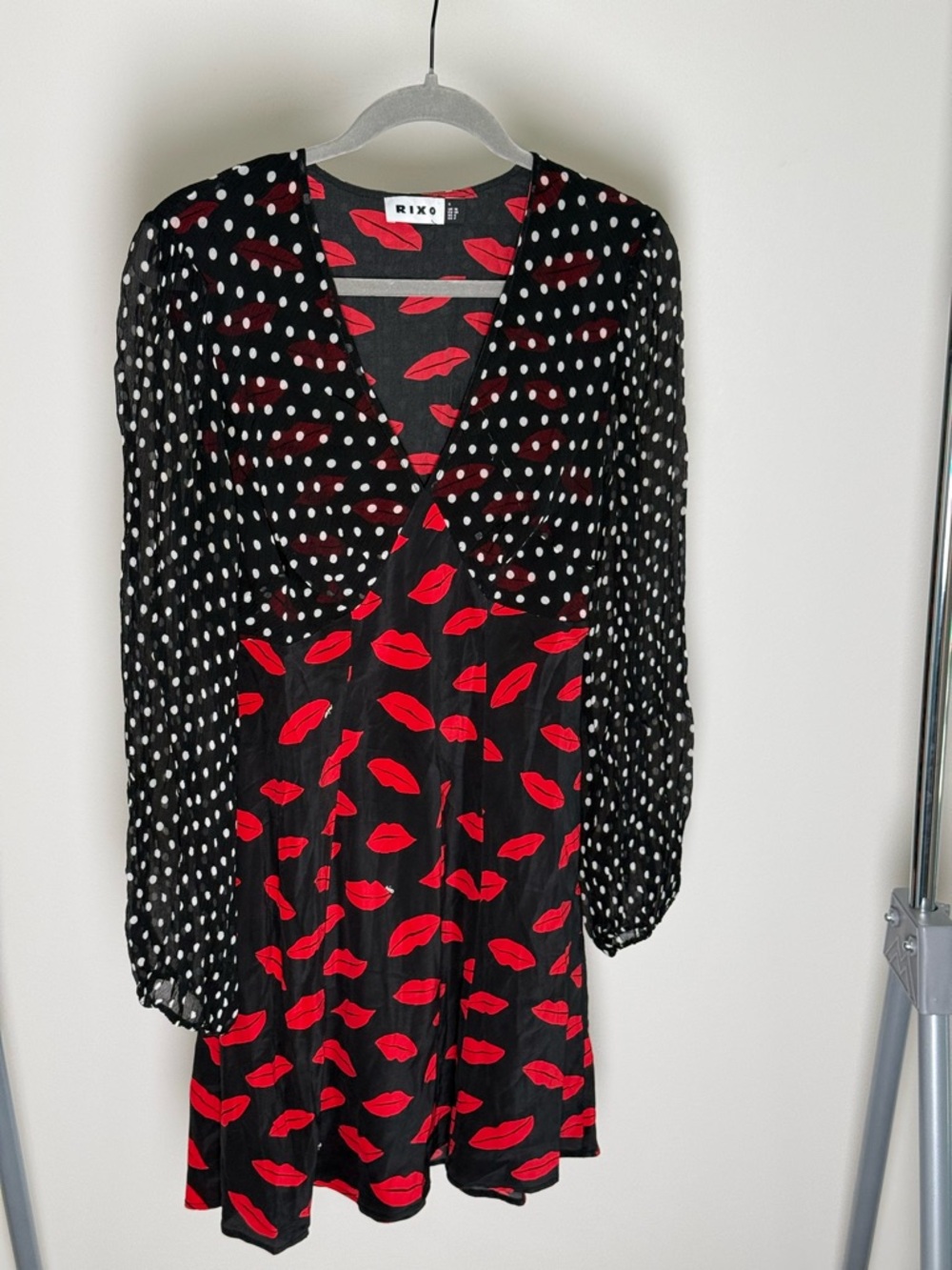 RIXO Black Dress with Red Lip Print and White Polka Dot Sleeves